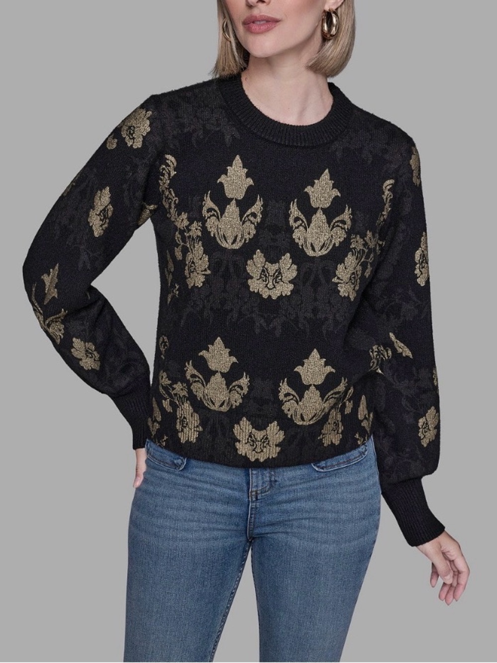 Karl Lagerfeld Paris Gold Leaf Baroque Floral Crewneck Sweater